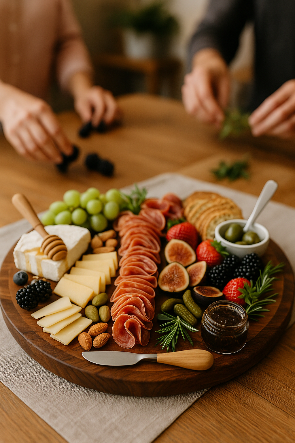 Styled charcuterie board of cheeses, cured meats, fruit, nuts, crackers, and honey