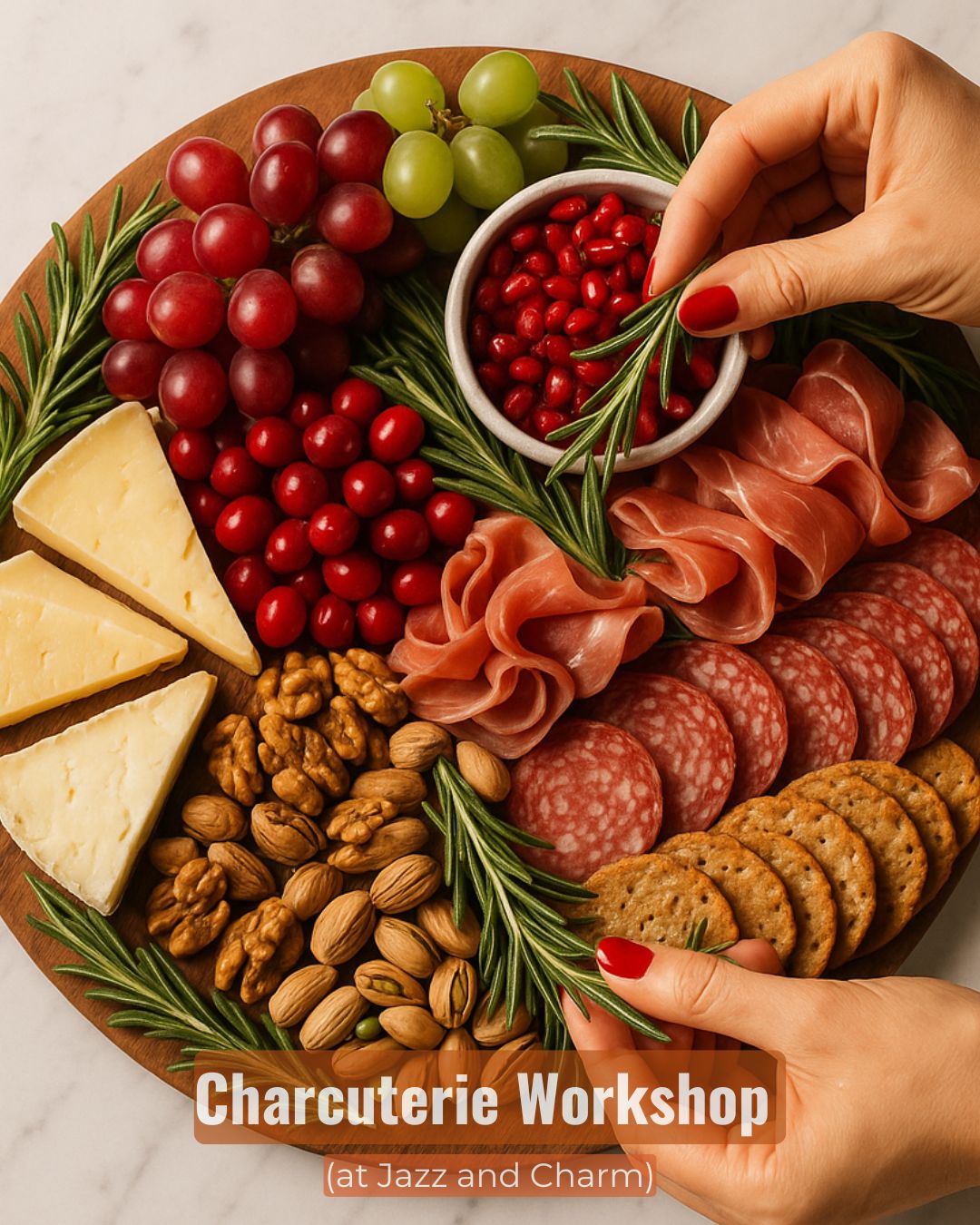 Christmas charcuterie class Bakersfield - hands arranging festive holiday board with seasonal ingredients at Jazz and Charm Studio